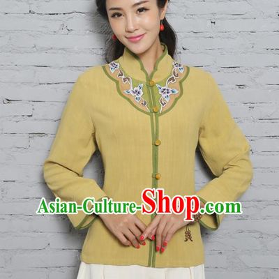 Asian China Top Grade Yellow Linen Cheongsam Hand Painting Blouse, Traditional Chinese Tang Suit Hanfu Plated Button Qipao Shirts for Women