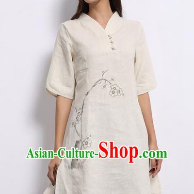 Asian China Top Grade White Linen Printing Cheongsam Blouse, Traditional Chinese Tang Suit Hanfu Plated Button Qipao Shirts for Women