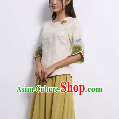 Asian China Top Grade White Linen Hand Painting Lotus Cheongsam Blouse, Traditional Chinese Tang Suit Hanfu Plated Button Qipao Shirts for Women