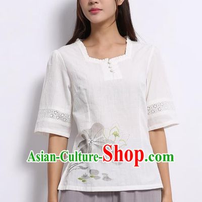Asian China Top Grade White Linen Hand Ink Painting Lotus Cheongsam Blouse, Traditional Chinese Tang Suit Hanfu Plated Button Qipao Shirts for Women
