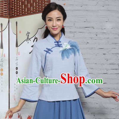 Asian China Top Grade Blue Linen Cheongsam Blouse, Traditional Chinese Tang Suit Hanfu Plated Button Qipao Shirts for Women