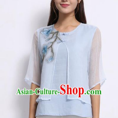 Asian China Top Grade Blue Silk Cheongsam Hand Painting Cheongsam Blouse, Traditional Chinese Tang Suit Hanfu Plated Button Qipao Shirts for Women