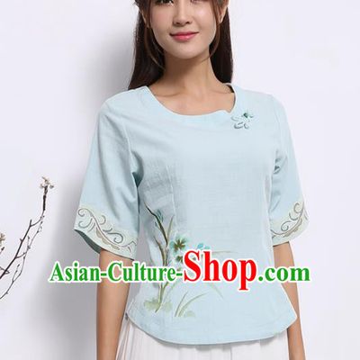 Asian China Top Grade Blue Linen Hand Painting Cheongsam Blouse, Traditional Chinese Tang Suit Hanfu Plated Button Qipao Shirts for Women