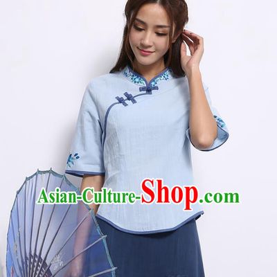 Asian China Top Grade Blue Linen Cheongsam Blouse, Traditional Chinese Tang Suit Hanfu Plated Button Qipao Shirts for Women