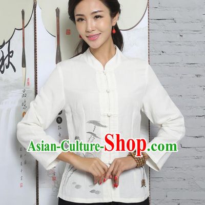 Asian China Top Grade White Linen Cheongsam Blouse, Traditional Chinese Tang Suit Hanfu Plated Button Qipao Shirts for Women