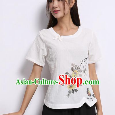 Asian China Top Grade White Linen Printing Cheongsam Blouse, Traditional Chinese Tang Suit Hanfu Plated Button Qipao Shirts for Women