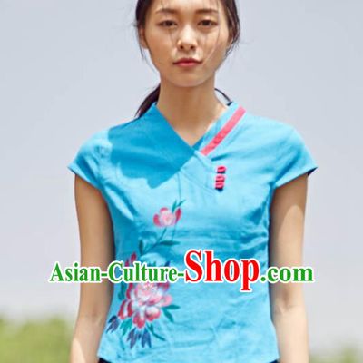 Asian China Top Grade Blue Linen Printing Peony Cheongsam Blouse, Traditional Chinese Tang Suit Hanfu Plated Button Qipao Shirts for Women