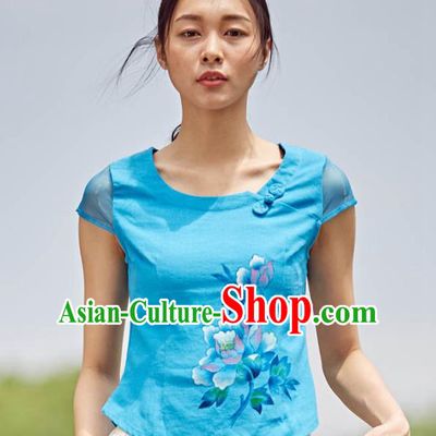 Asian China Top Grade Blue Linen Printing Flowers Cheongsam Blouse, Traditional Chinese Tang Suit Hanfu Plated Button Qipao Shirts for Women