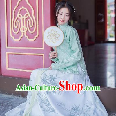 Asian China Ming Dynasty Young Lady Costume Green Blouse, Traditional Chinese Ancient Princess Embroidered Hanfu Clothing for Women