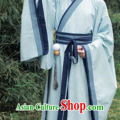 Asian China Han Dynasty Scholar Costume Blue Long Robe, Traditional Chinese Ancient Chancellor Hanfu Clothing for Men