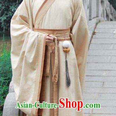 Asian China Han Dynasty Scholar Costume Yellow Long Robe, Traditional Chinese Ancient Chancellor Hanfu Clothing for Men