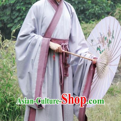 Asian China Han Dynasty Scholar Costume Grey Long Robe, Traditional Chinese Ancient Chancellor Hanfu Clothing for Men