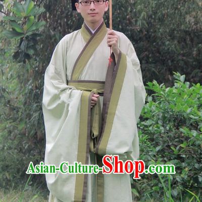 Asian China Han Dynasty Scholar Costume Green Long Robe, Traditional Chinese Ancient Chancellor Hanfu Clothing for Men