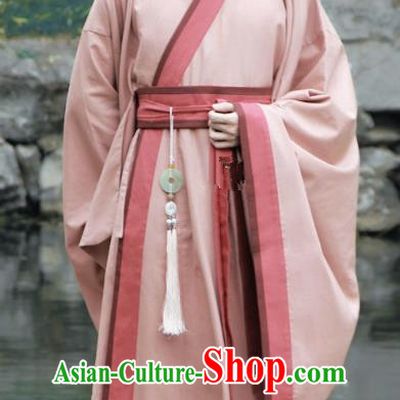 Asian China Han Dynasty Scholar Costume Pink Long Robe, Traditional Chinese Ancient Chancellor Hanfu Clothing for Men