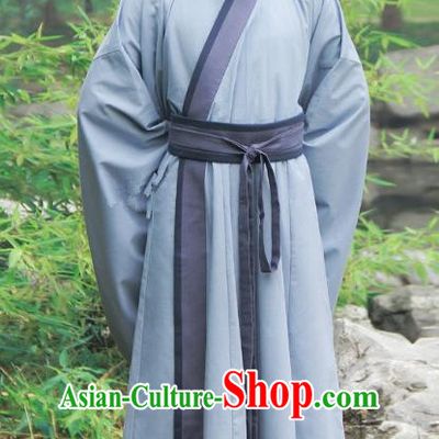 Asian China Han Dynasty Scholar Costume Deep Blue Long Robe, Traditional Chinese Ancient Chancellor Hanfu Clothing for Men