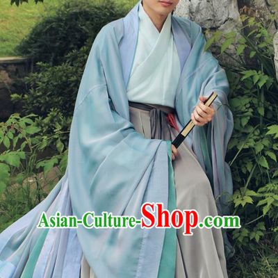 Asian China Han Dynasty Scholar Costume Cloak Long Robe Complete Set, Traditional Chinese Ancient Chancellor Hanfu Clothing for Men
