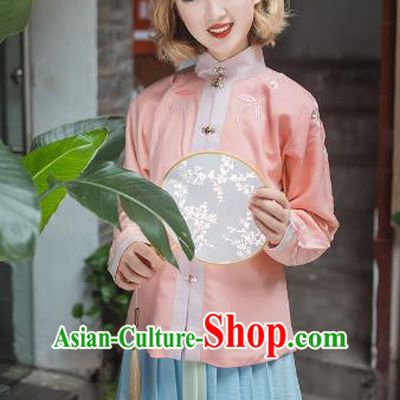 Asian China Ming Dynasty Young Lady Costume Embroidery Pink Blouse, Traditional Chinese Ancient Princess Hanfu Clothing for Women