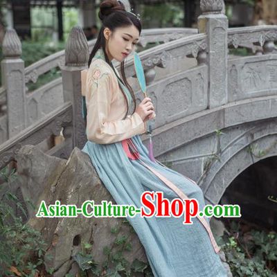 Asian China Tang Dynasty Palace Lady Costume Complete Set, Traditional Chinese Ancient Princess Embroidered Hanfu Slip Dress for Women