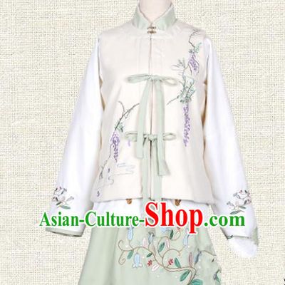 Asian China Ming Dynasty Princess Embroidered Costume, Traditional Ancient Chinese Palace Lady Embroidery Vest Blouse and Skirt Clothing for Women