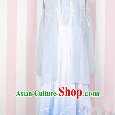Asian China Song Dynasty Princess Embroidered Costume Complete Set, Traditional Ancient Chinese Palace Lady Embroidery Blue Skirt for Women