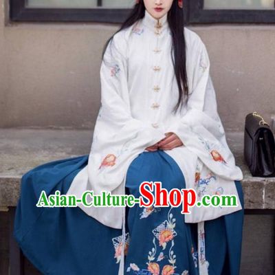 Asian China Ming Dynasty Princess Costume Embroidered Blouse and Blue Skirt, Traditional Ancient Chinese Palace Lady Embroidery Clothing for Women
