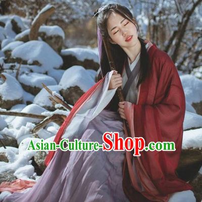 Asian China Jin Dynasty Young Lady Costume Red Cardigan Complete Set, Traditional Ancient Chinese Princess Elegant Hanfu Clothing for Women
