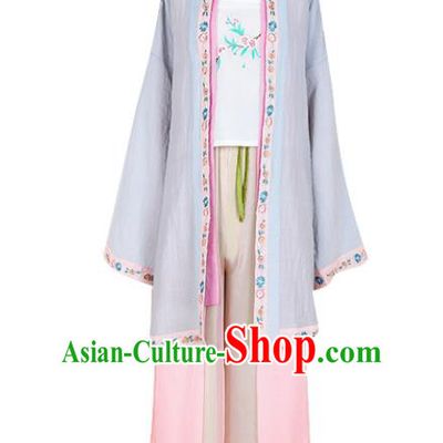 Asian China Song Dynasty Young Lady Costume Embroidered Blouse and Pants Complete Set, Traditional Ancient Chinese Princess Elegant Hanfu Clothing for Women