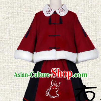Asian China Song Dynasty Young Lady Costume Embroidered Cloak and Skirt Complete Set, Traditional Ancient Chinese Princess Elegant Hanfu Red Mantle for Women