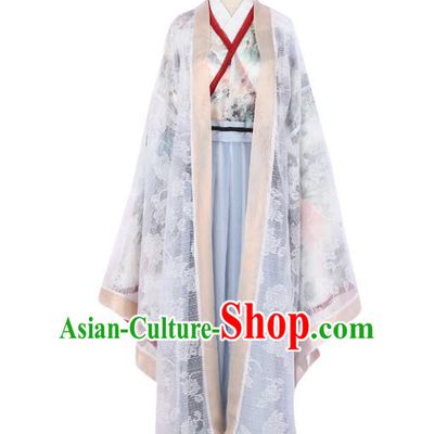 Asian China Jin Dynasty Swordswoman Embroidered Costume Complete Set, Traditional Ancient Chinese Elegant Hanfu Printing Cardigan Clothing for Women
