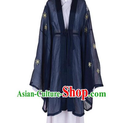 Asian China Jin Dynasty Swordswoman Embroidered Costume Complete Set, Traditional Ancient Chinese Elegant Hanfu Navy Cardigan Clothing for Women