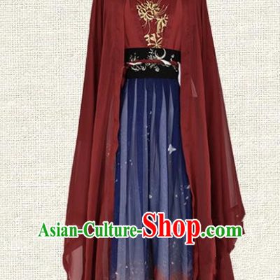 Asian China Tang Dynasty Palace Lady Embroidered Red Costume, Traditional Ancient Chinese Elegant Hanfu Imperial Princess Clothing for Women