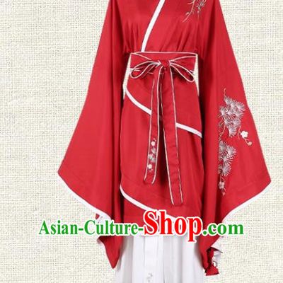 Asian China Han Dynasty Young Lady Embroidered Costume Red Curve Bottom, Traditional Ancient Chinese Princess Elegant Hanfu Clothing for Women