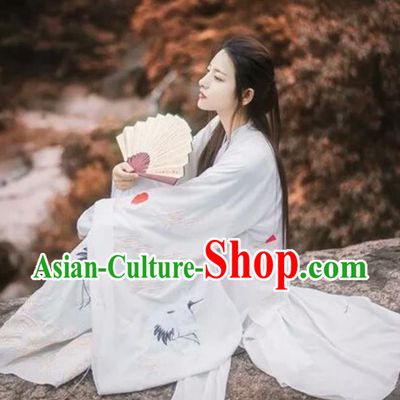 Asian China Jin Dynasty Palace Lady Costume Embroidered Crane Clothing Complete Set, Traditional Ancient Chinese Elegant Hanfu for Women