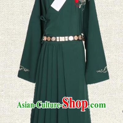 Asian China Ming Dynasty Swordsman Embroidered Clothing, Traditional Ancient Chinese Imperial Guards Hanfu Green Robe for Women
