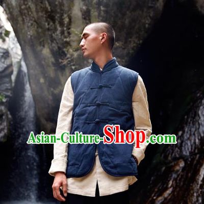 Asian China National Costume Navy Cotton-padded Vest, Traditional Chinese Tang Suit Plated Buttons Waistcoat Clothing for Men