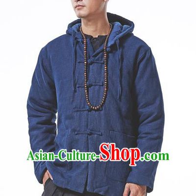 Asian China National Costume Blue Cotton-padded Jacket, Traditional Chinese Tang Suit Plated Buttons Coat Clothing for Men