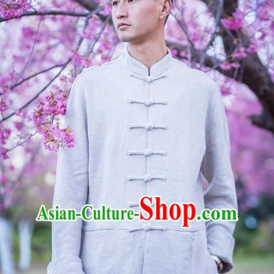 Asian China National Costume Grey Linen Shirts, Traditional Chinese Tang Suit Plated Buttons Upper Outer Garment Clothing for Men