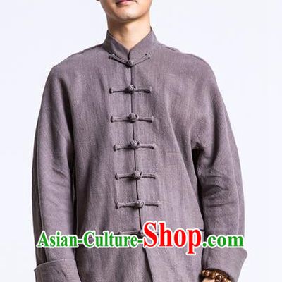 Asian China National Costume Deep Grey Linen Shirts, Traditional Chinese Tang Suit Plated Buttons Upper Outer Garment Clothing for Men
