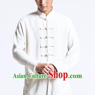 Asian China National Costume White Linen Shirts, Traditional Chinese Tang Suit Plated Buttons Upper Outer Garment Clothing for Men