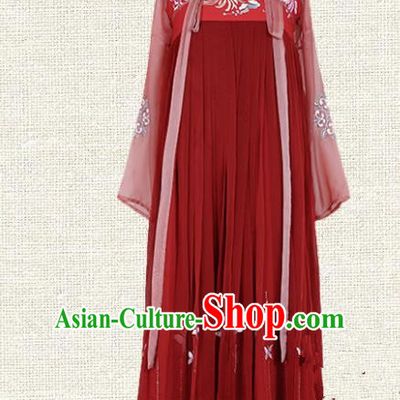 Asian China Tang Dynasty Princess Embroidered Clothing Complete Set, Traditional Ancient Chinese Palace Lady Hanfu Red Slip Skirt for Women