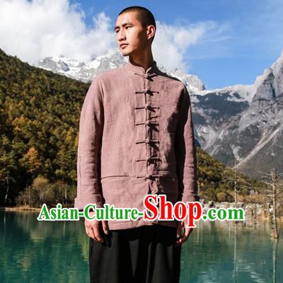 Asian China National Costume Brown Linen Shirts, Traditional Chinese Tang Suit Plated Buttons Upper Outer Garment Clothing for Men