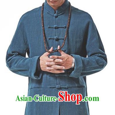 Asian China National Costume Blue Linen Shirts, Traditional Chinese Tang Suit Plated Buttons Upper Outer Garment Clothing for Men