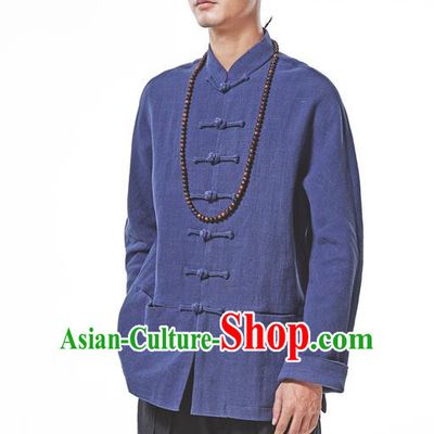 Asian China National Costume Deep Blue Linen Shirts, Traditional Chinese Tang Suit Plated Buttons Upper Outer Garment Clothing for Men