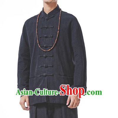 Asian China National Costume Black Linen Shirts, Traditional Chinese Tang Suit Plated Buttons Upper Outer Garment Clothing for Men