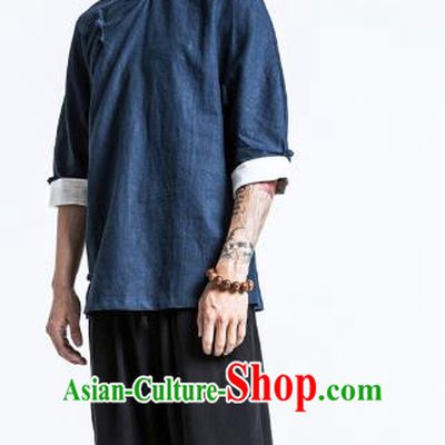 Asian China National Costume Slant Opening Navy Linen Shirts, Traditional Chinese Tang Suit Plated Buttons Upper Outer Garment Clothing for Men