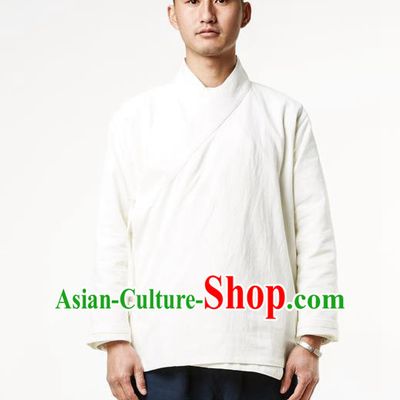 Asian China National Costume Slant Opening White Linen Shirts, Traditional Chinese Tang Suit Plated Buttons Upper Outer Garment Clothing for Men