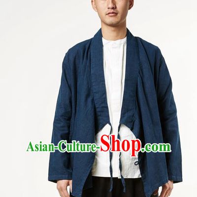 Asian China National Costume Slant Opening Deep Blue Linen Shirts, Traditional Chinese Tang Suit Plated Buttons Upper Outer Garment Clothing for Men