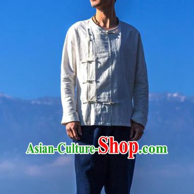 Asian China National Costume Slant Opening White Linen Shirts, Traditional Chinese Tang Suit Brass Buttons Upper Outer Garment Clothing for Men