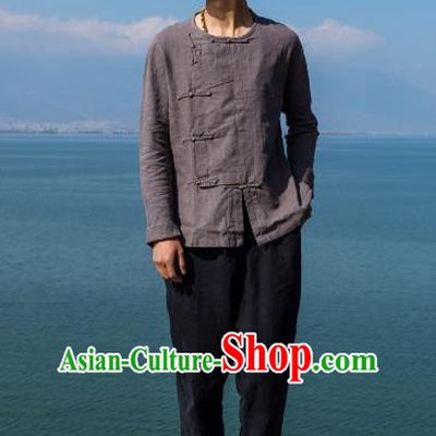 Asian China National Costume Slant Opening Grey Linen Shirts, Traditional Chinese Tang Suit Brass Buttons Upper Outer Garment Clothing for Men