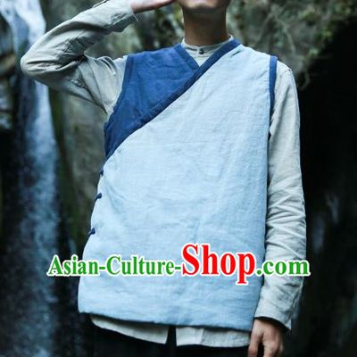 Asian China National Costume Cotton-padded Vest, Traditional Chinese Tang Suit Plated Buttons Waistcoat Clothing for Men